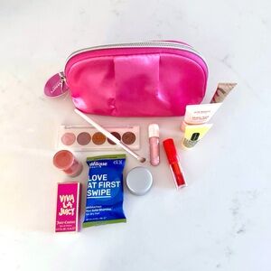 COSMETIC BUNDLE: Ulta Beauty Zip-Around Hot Pink Travel Bag & Make-Up Samples